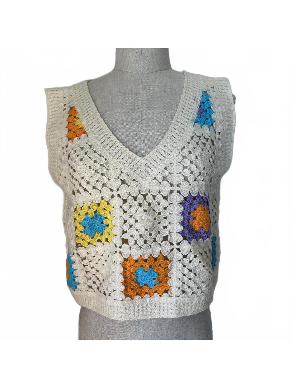 Rebellion Crochet Granny Square V-Neck Sweater Vest 70s Boho L